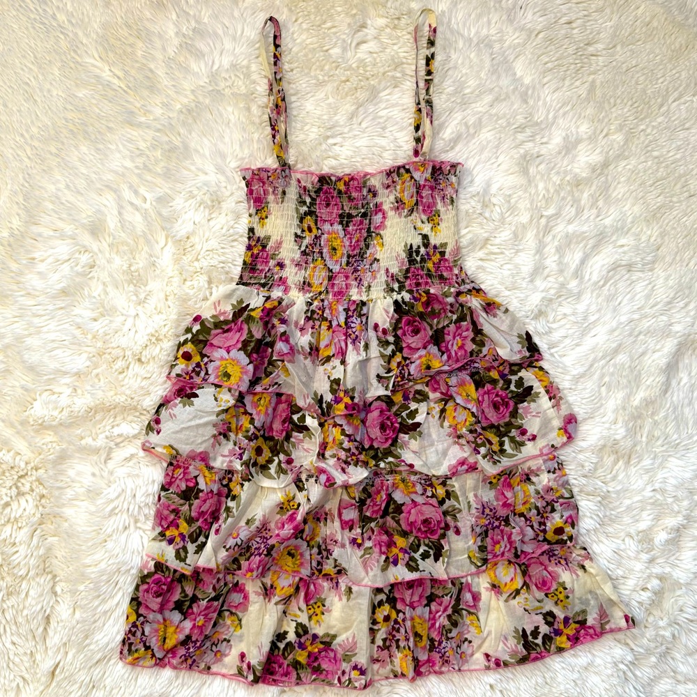 Pink & Yellow Floral Smocked Tiered Sleeveless Mini Dress